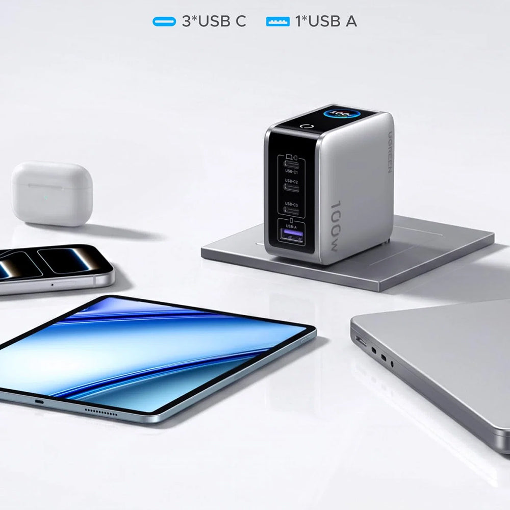UGREEN Nexode Pro X772 (95942B) -verkkovirtalaturi näytöllä, 100 W, 5 A, 1 x USB-A – 3 x USB-C, harmaa