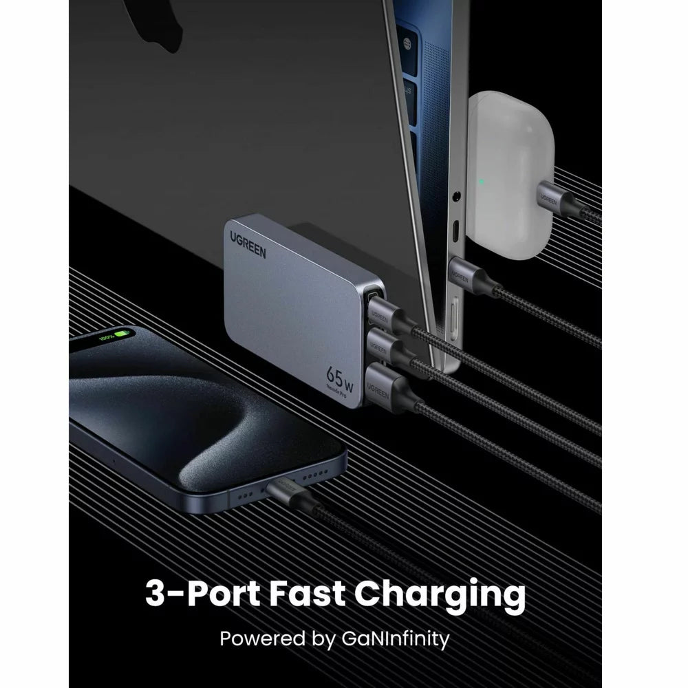 Verkkolaturi UGREEN X753 Nexode Pro, 65W, 3A, 1 x USB-A - 2 x USB-C, harmaa