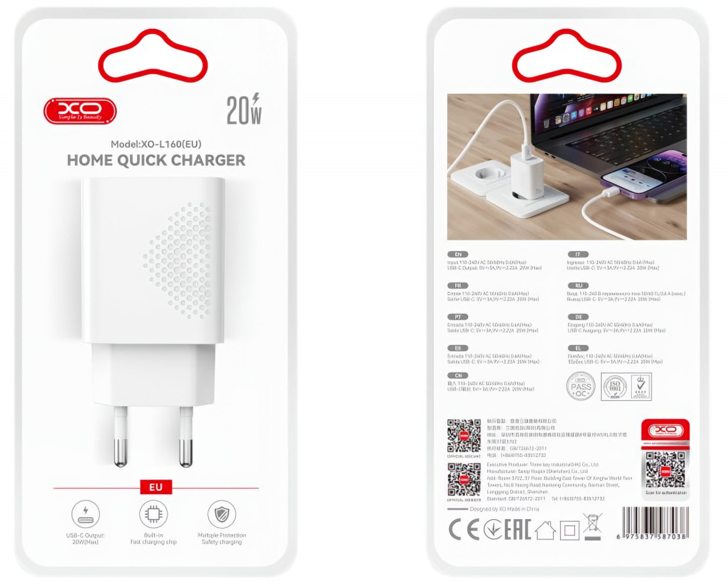 USB-C-verkkolaturi XO Design L160, 20W, 3A, 1 x USB-C, Valkoinen