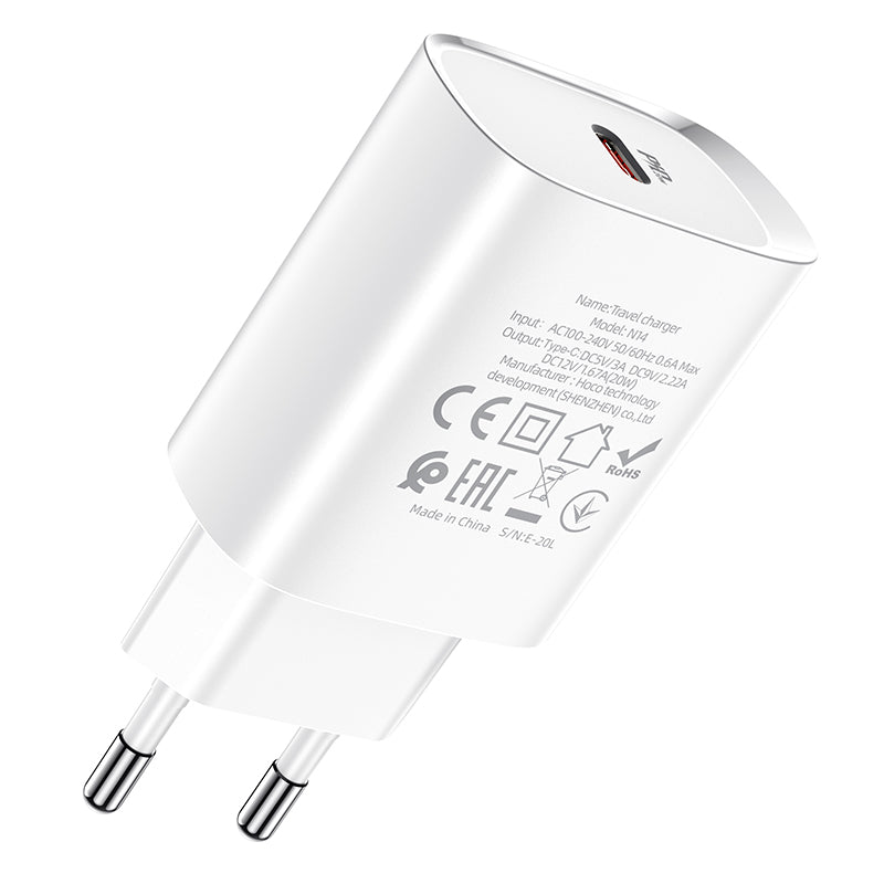 Network Charger HOCO N14, 20W, 3A, 1 x USB-C, White