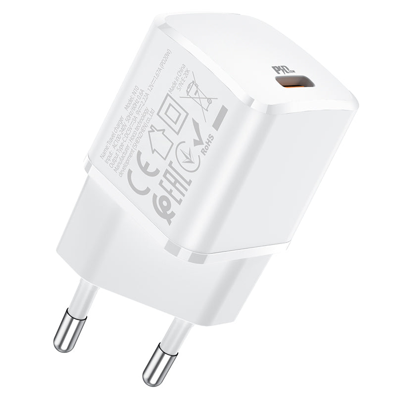 Verkkolaturi HOCO N10, 20W, 3A, 1 x USB-C, valkoinen