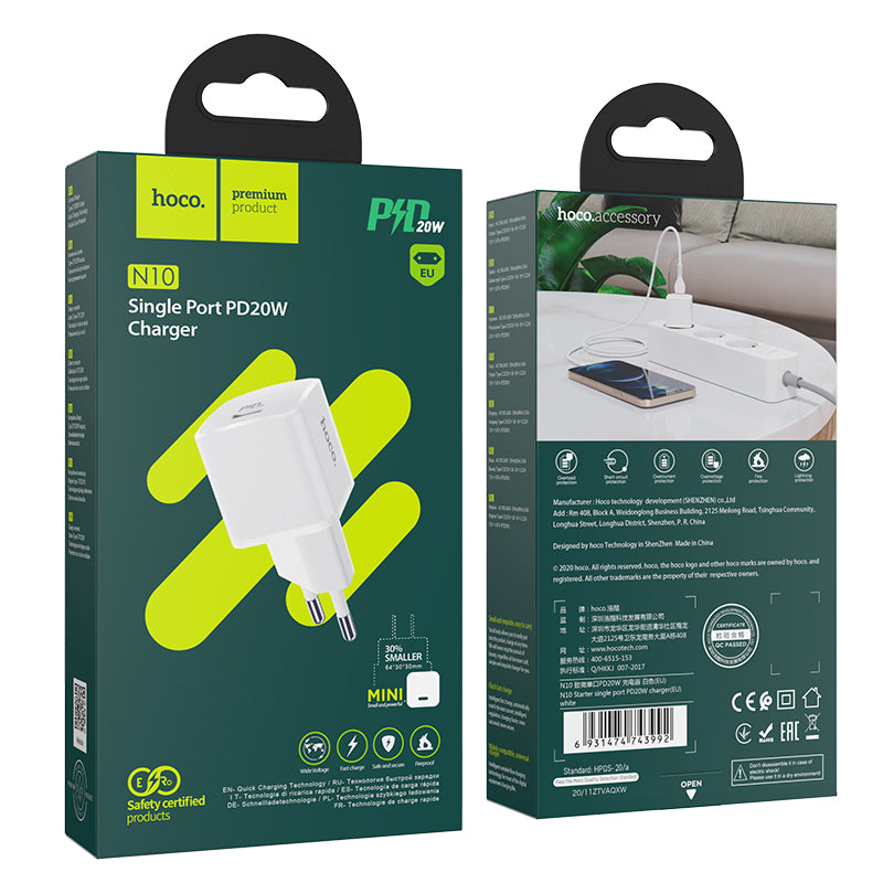Verkkolaturi HOCO N10, 20W, 3A, 1 x USB-C, valkoinen