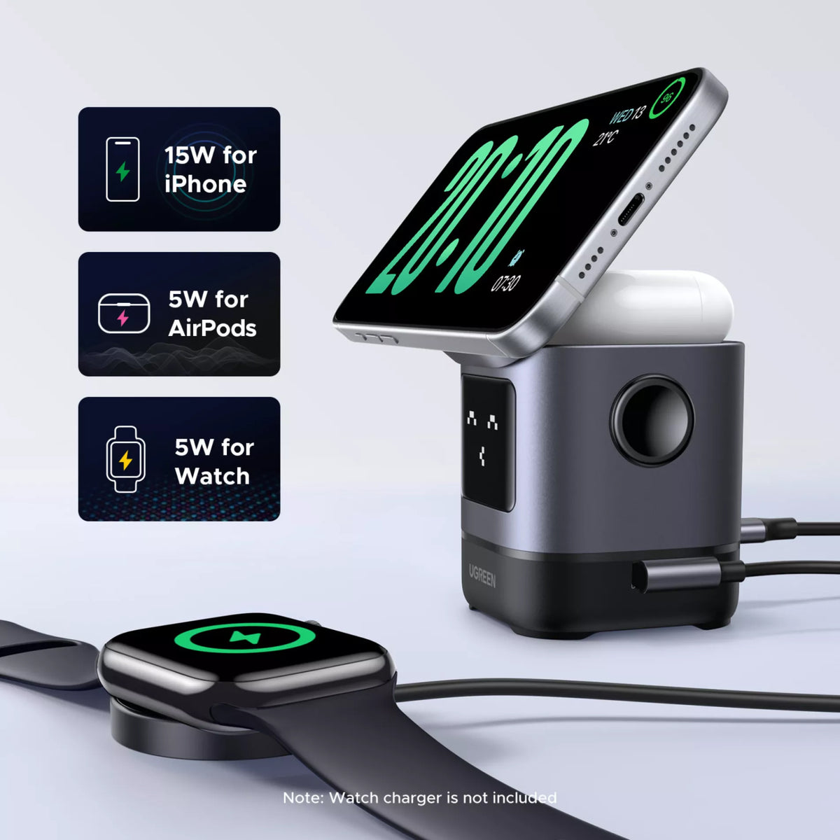 UGREEN W709 Uno 2in1 langaton verkkolaturi, 15W, 1.67A, Musta