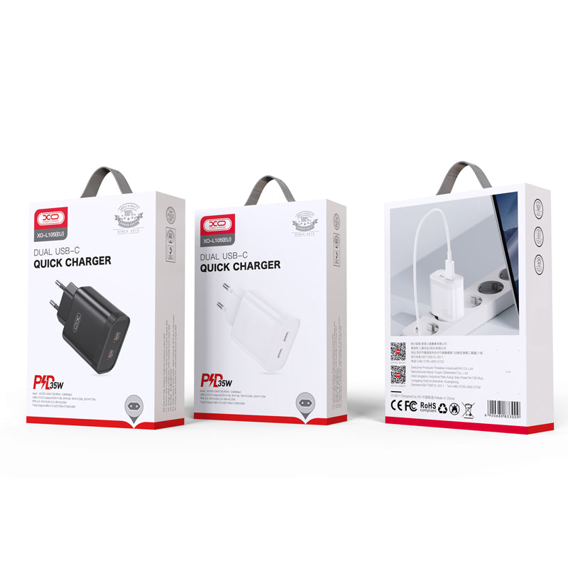 Verkkolaturi XO Design L105, 35W, 3A, 2 x USB-C, musta