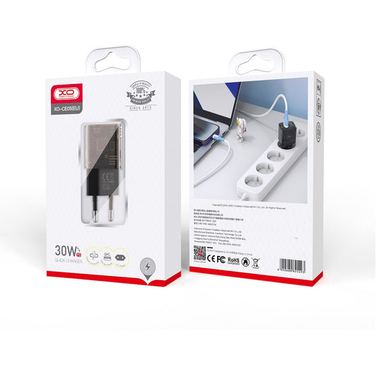 XO Design CE05 -verkkolaturi, 30W, 3A, 1 x USB-A - 1 x USB-C, Ruskea