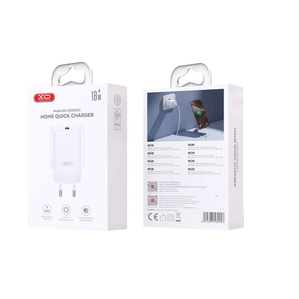 XO Design CE33 -verkkolaturi, 18W, 3A, 1 x USB-A, Valkoinen