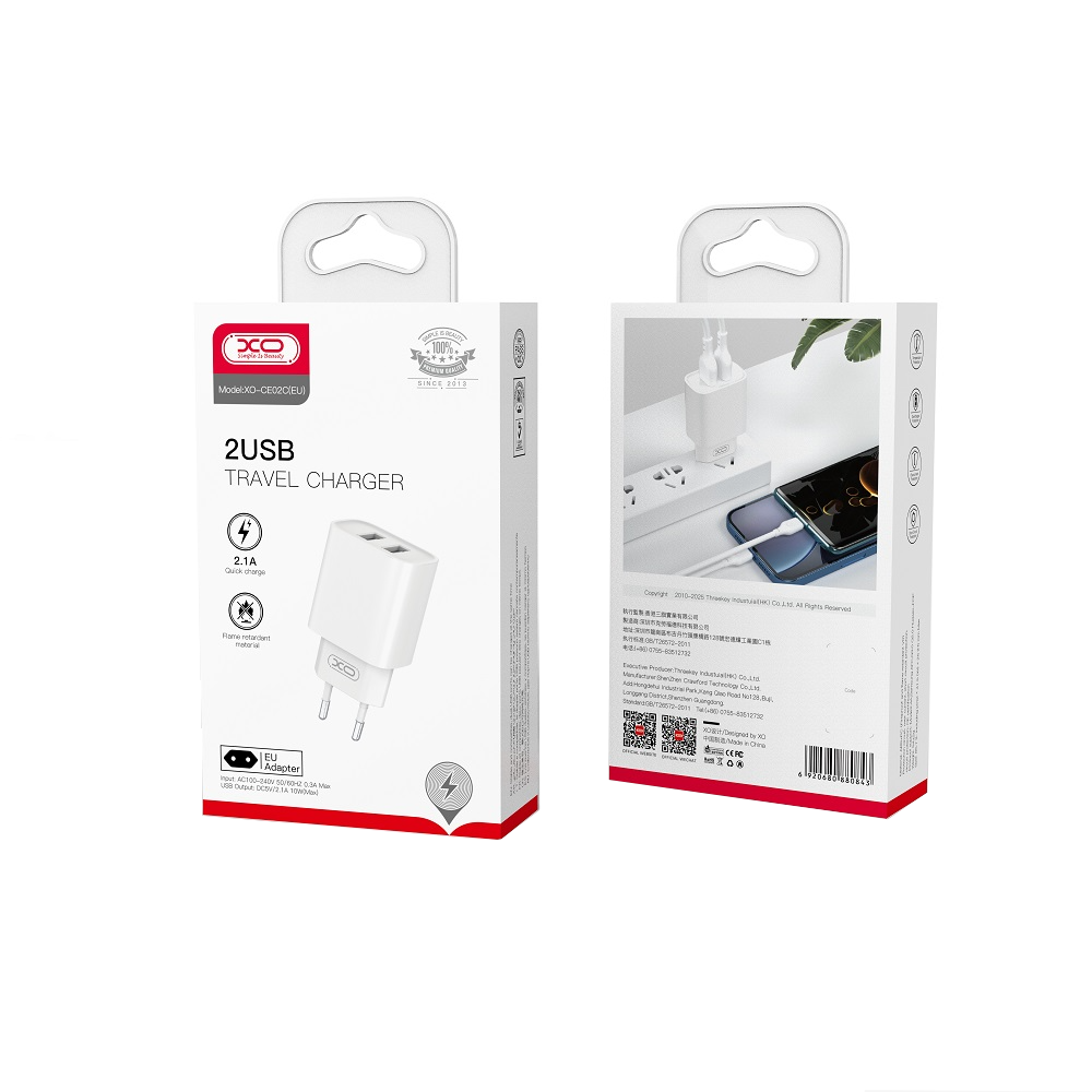 Verkkolaturi XO Design CE02C, 10.5W, 2.1A, 2 x USB-A, Valkoinen