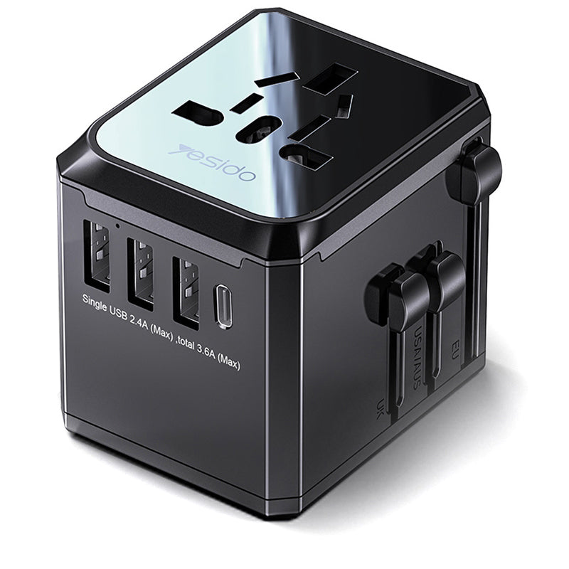 Yesido MC10 Travel -verkkolaturi, 12W, 2.4A, 1 x USB-C - 3 x USB-A, Musta
