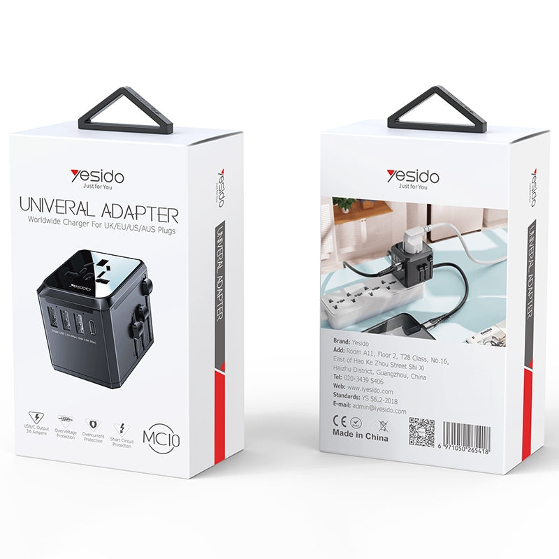 Yesido MC10 Travel -verkkolaturi, 12W, 2.4A, 1 x USB-C - 3 x USB-A, Musta