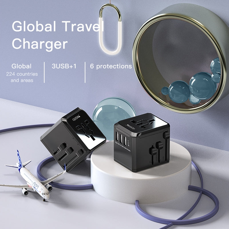 Yesido MC10 Travel -verkkolaturi, 12W, 2.4A, 1 x USB-C - 3 x USB-A, Musta