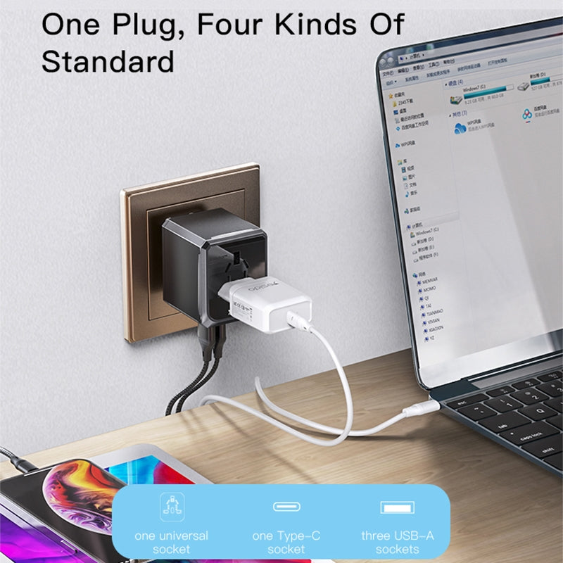 Yesido MC10 Travel -verkkolaturi, 12W, 2.4A, 1 x USB-C - 3 x USB-A, Musta