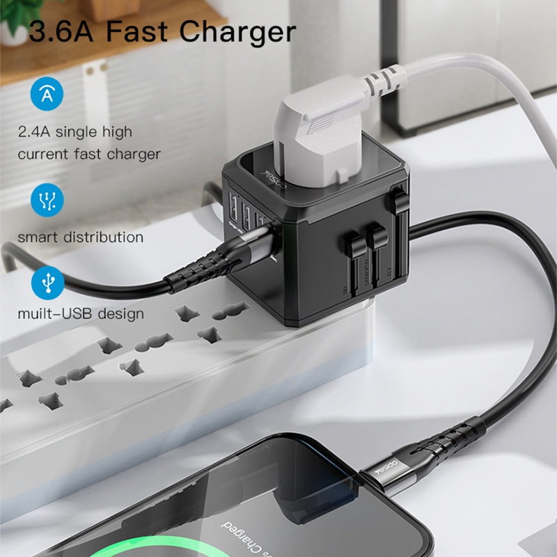 Yesido MC10 Travel -verkkolaturi, 12W, 2.4A, 1 x USB-C - 3 x USB-A, Musta