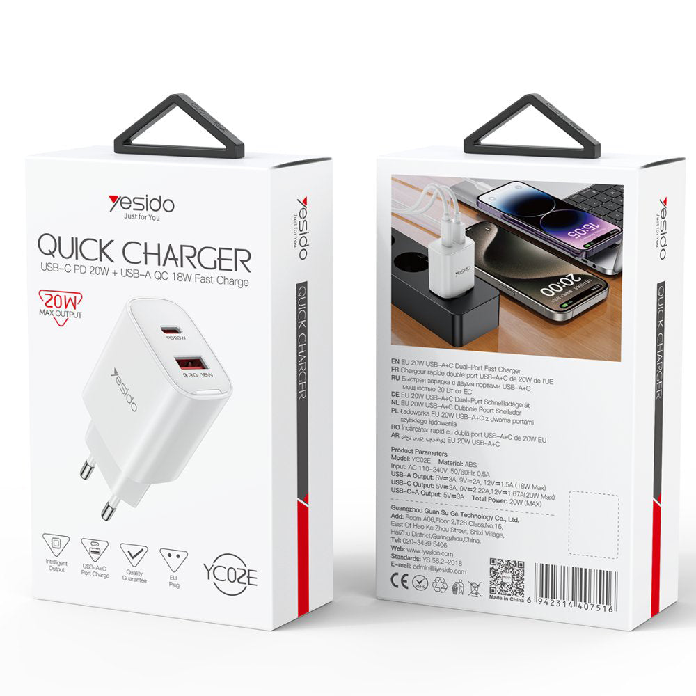 Yesido YC02E Network Charger, 20W, 3A, 1 x USB-A - 1 x USB-C, White
