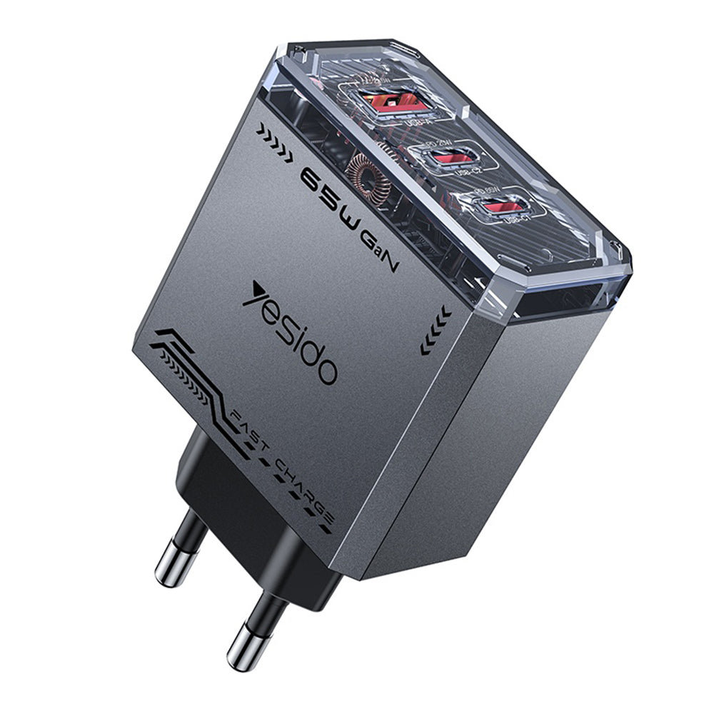 Yesido YC101 -verkkolaturi, 65W, 3.25A, 1 x USB-A - 2 x USB-C, Musta
