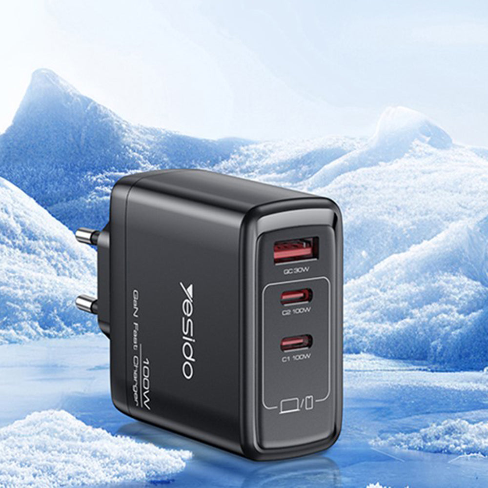 Yesido YC142 -verkkolaturi, 100W, 5A, 1 x USB-A - 2 x USB-C, Musta