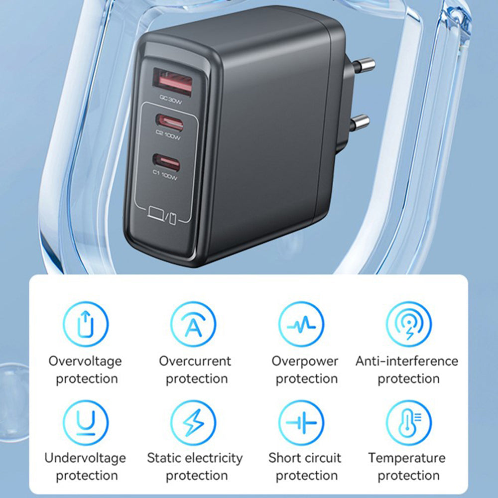 Yesido YC142 -verkkolaturi, 100W, 5A, 1 x USB-A - 2 x USB-C, Musta