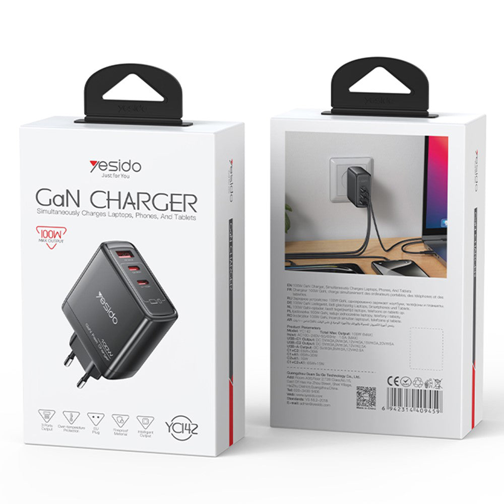 Yesido YC142 -verkkolaturi, 100W, 5A, 1 x USB-A - 2 x USB-C, Musta