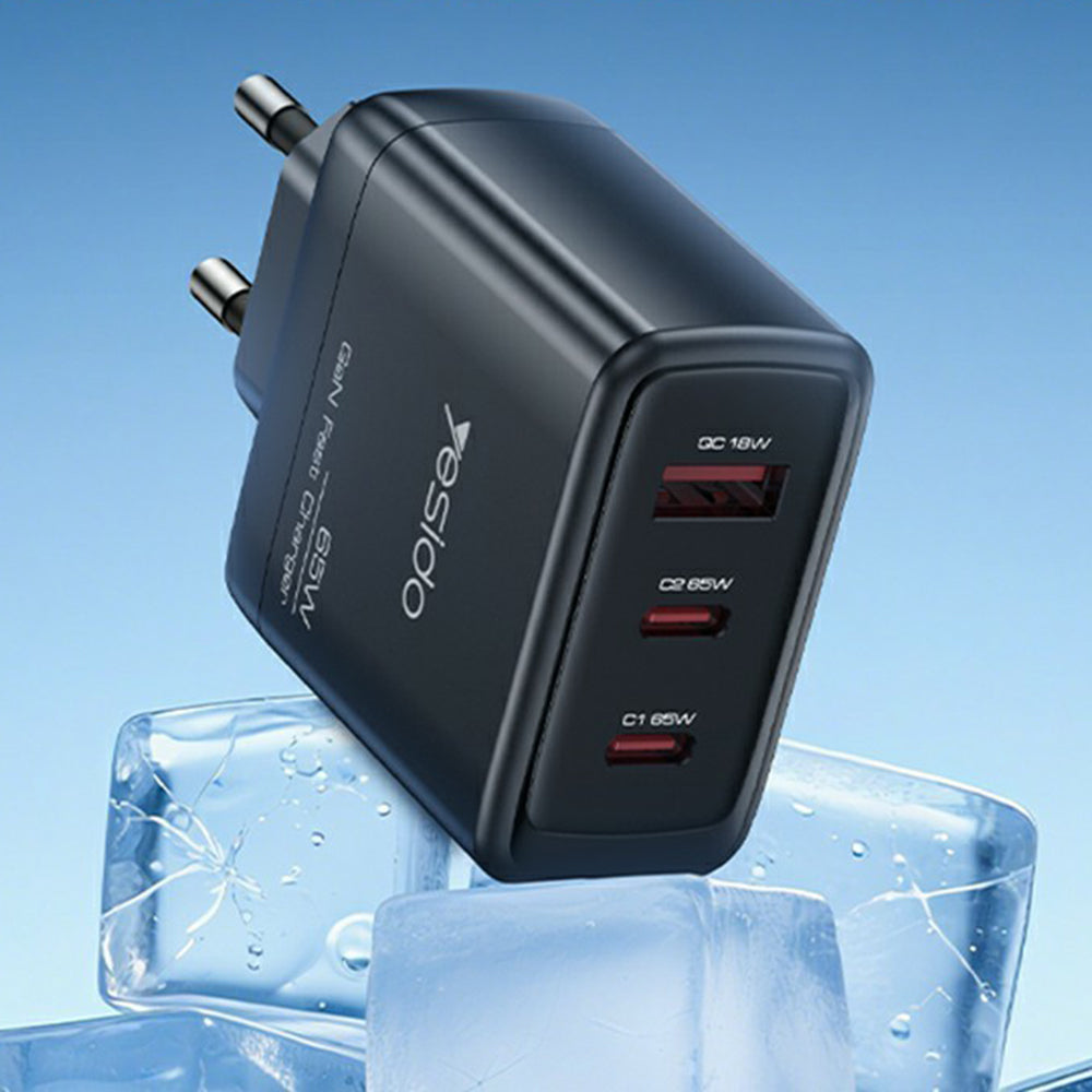 Yesido YC144 -verkkolaturi, 65W, 3.25A, 1 x USB-A - 2 x USB-C, Musta