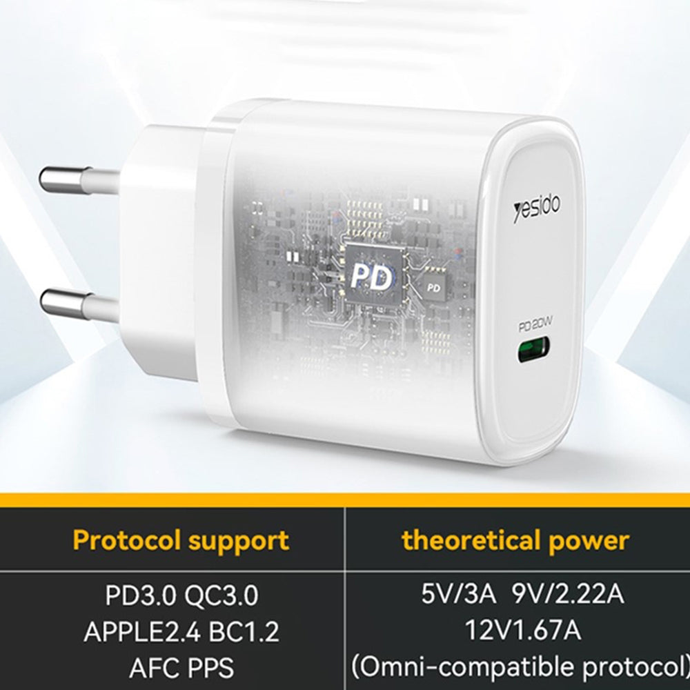 Yesido YC57 -verkkolaturi, 20W, 3A, 1 x USB-C, Valkoinen