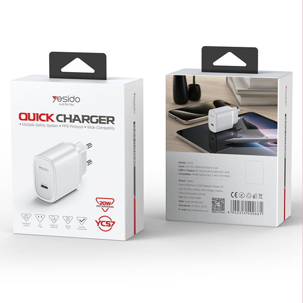 Yesido YC57 -verkkolaturi, 20W, 3A, 1 x USB-C, Valkoinen