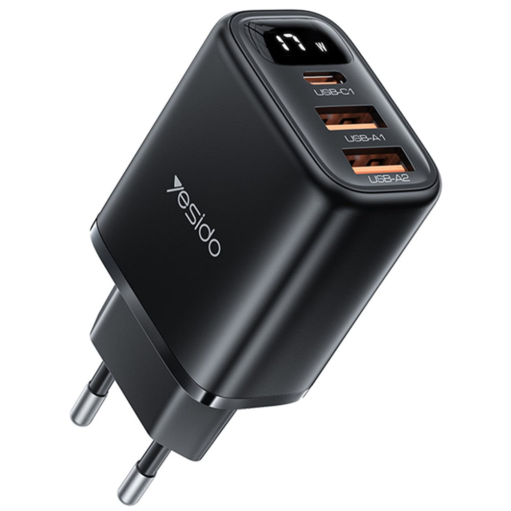 Yesido YC67 Display -verkkolaturi, 17W, 2.4A, 1 x USB-C - 2 x USB-A, Musta