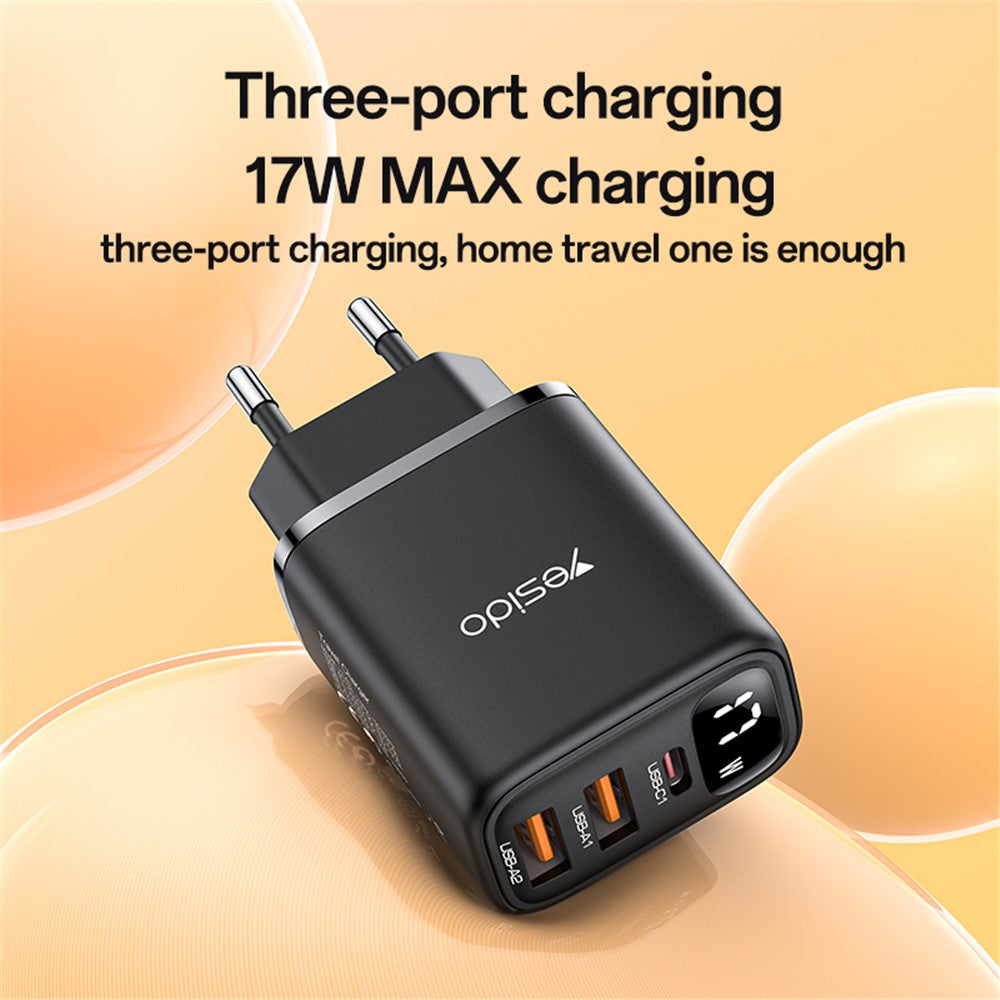 Yesido YC67 Display -verkkolaturi, 17W, 2.4A, 1 x USB-C - 2 x USB-A, Musta