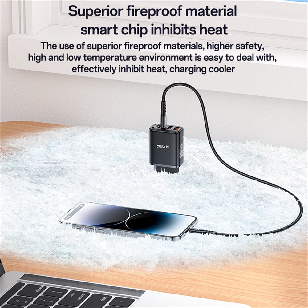 Yesido YC67 Display -verkkolaturi, 17W, 2.4A, 1 x USB-C - 2 x USB-A, Musta