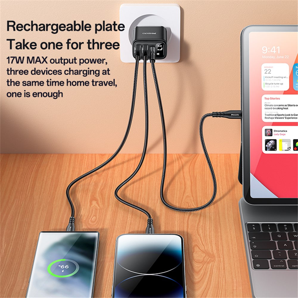 Yesido YC67 Display -verkkolaturi, 17W, 2.4A, 1 x USB-C - 2 x USB-A, Musta
