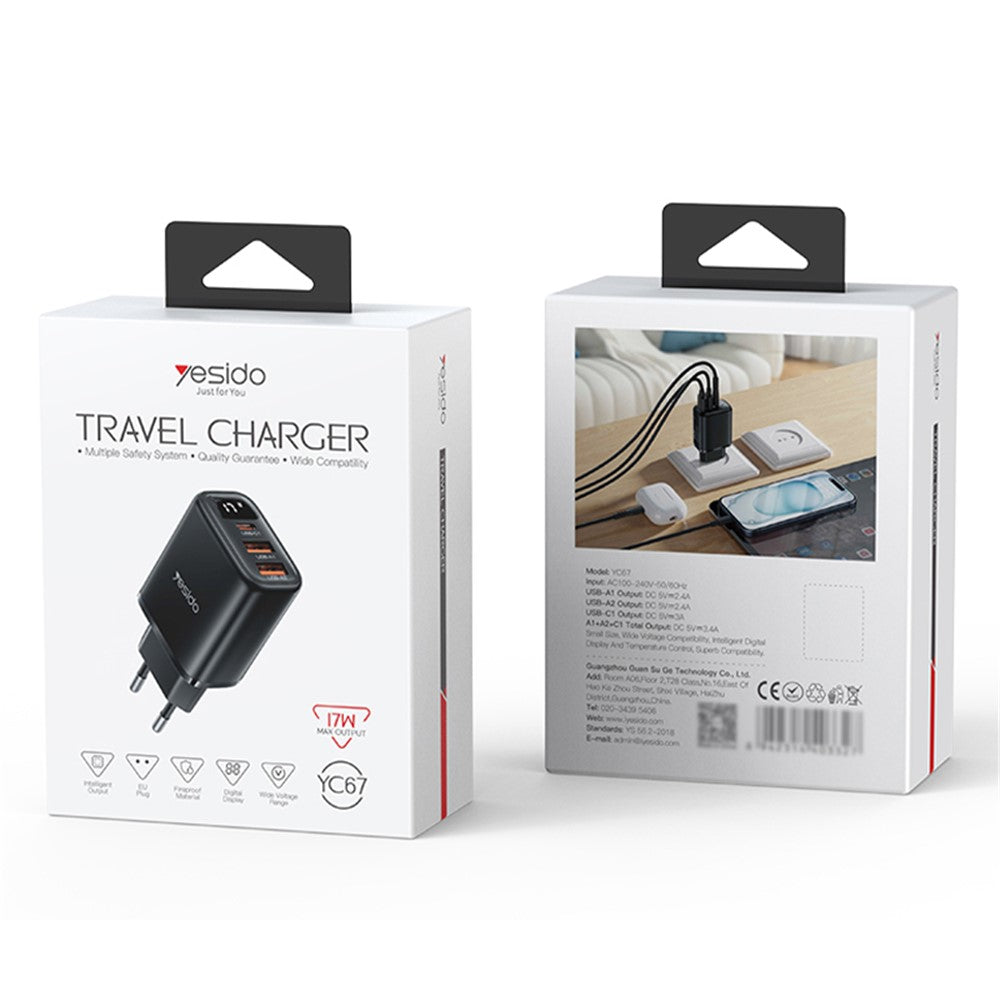 Yesido YC67 Display -verkkolaturi, 17W, 2.4A, 1 x USB-C - 2 x USB-A, Musta