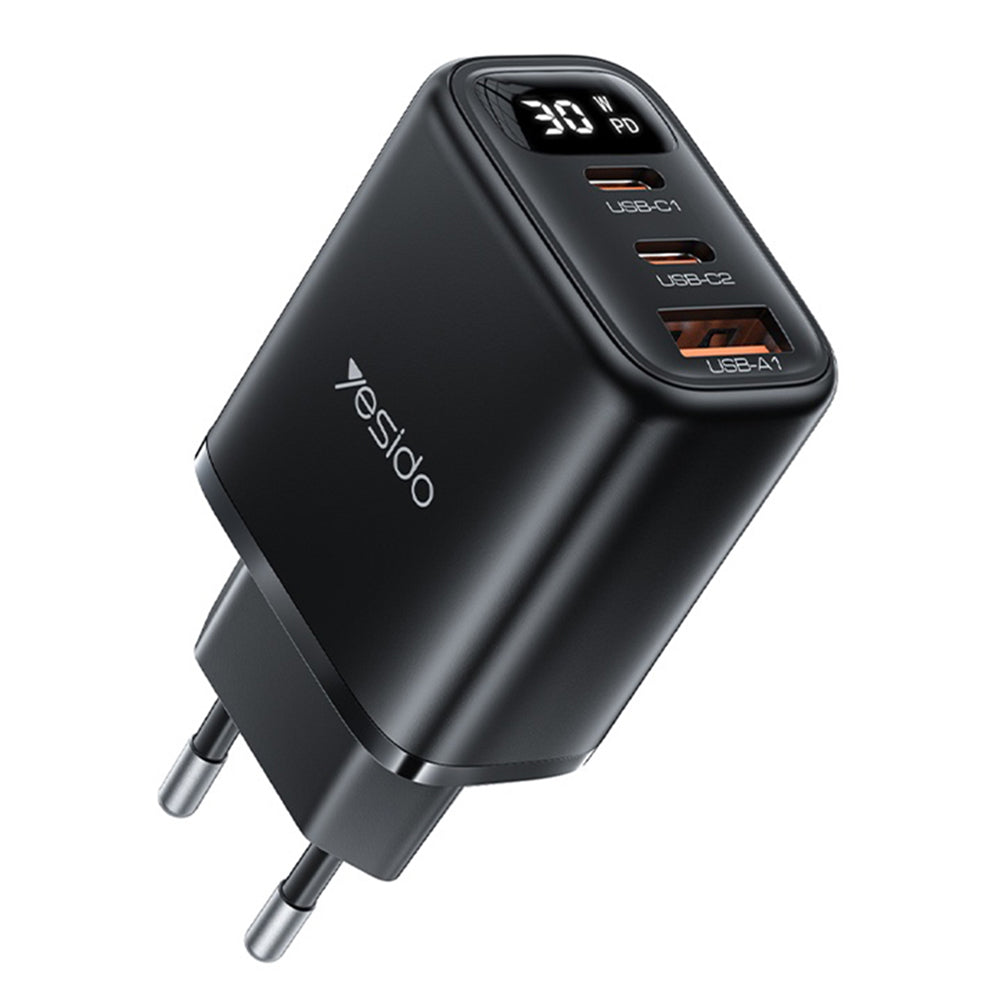 Yesido YC69 Display -verkkolaturi, 30W, 3A, 1 x USB-A - 2 x USB-C, Musta