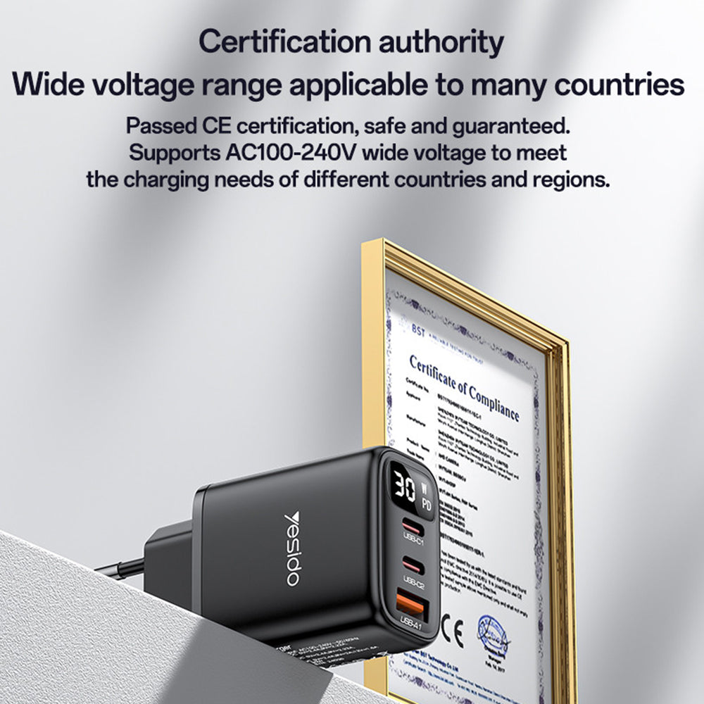Yesido YC69 Display -verkkolaturi, 30W, 3A, 1 x USB-A - 2 x USB-C, Musta