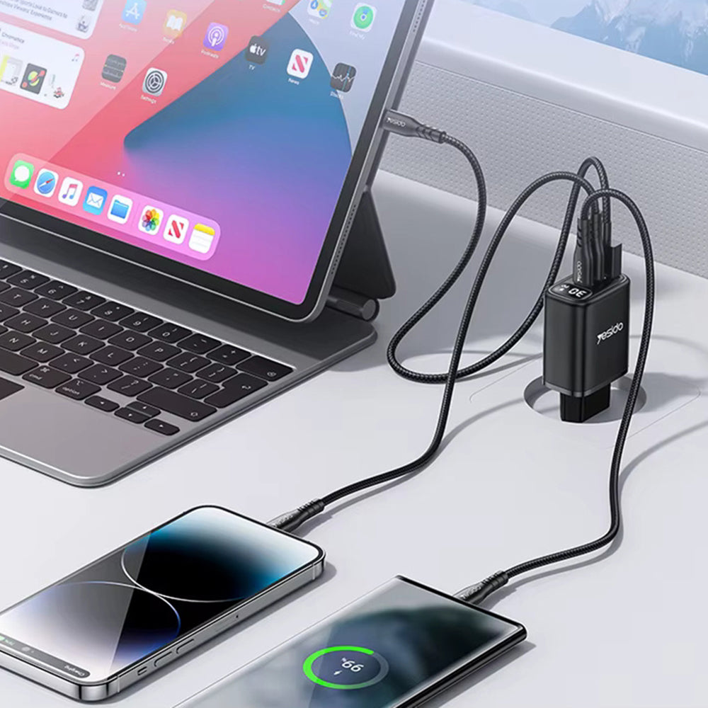 Yesido YC69 Display -verkkolaturi, 30W, 3A, 1 x USB-A - 2 x USB-C, Musta