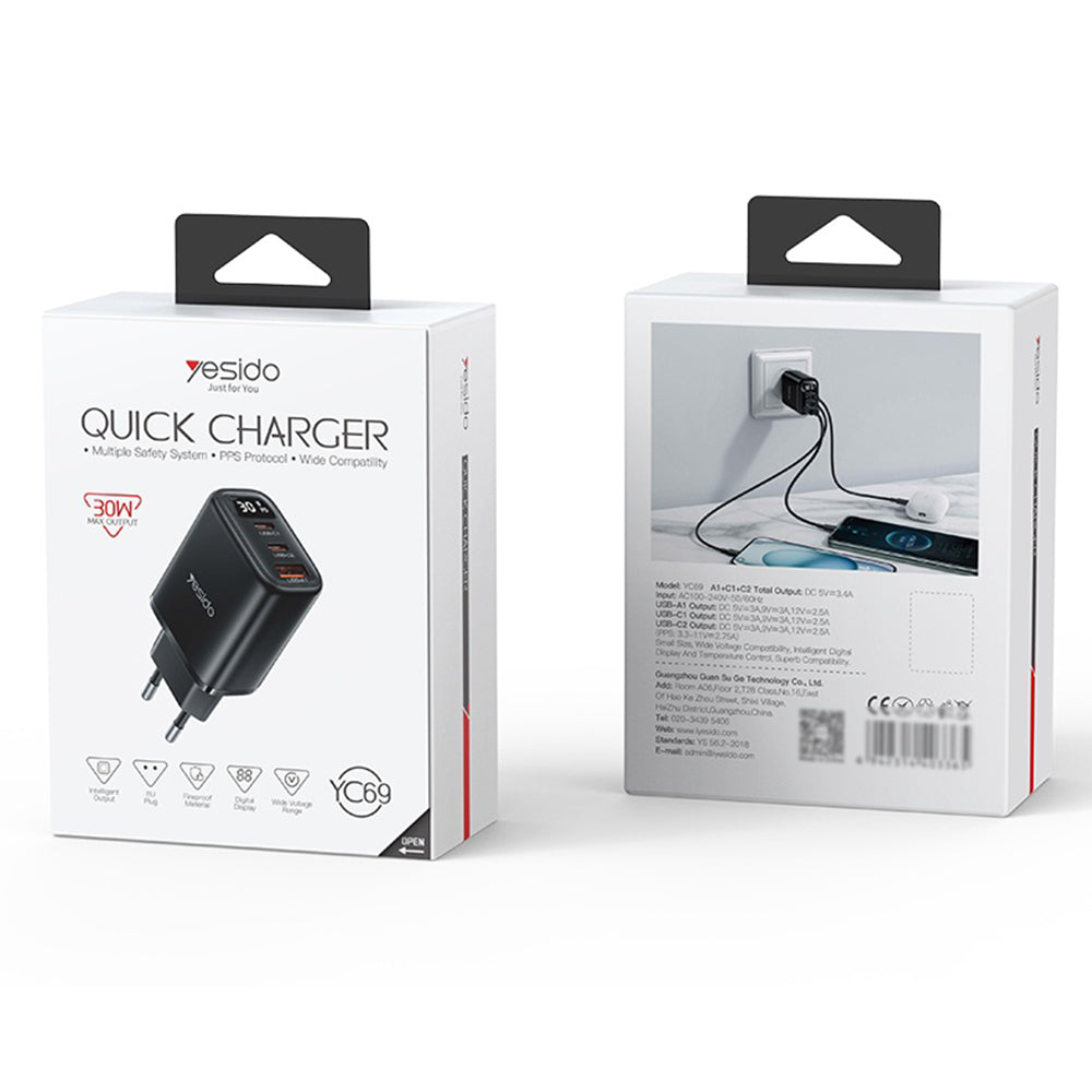 Yesido YC69 Display -verkkolaturi, 30W, 3A, 1 x USB-A - 2 x USB-C, Musta
