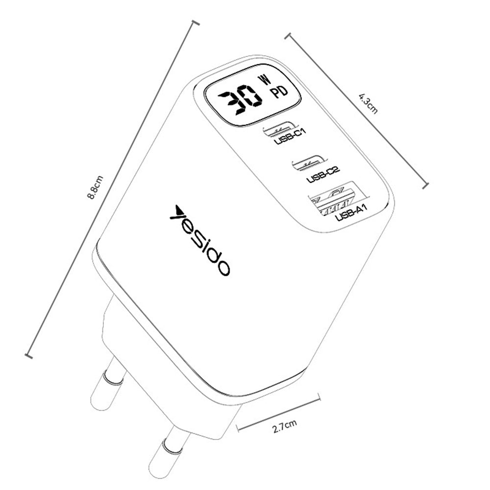 Yesido YC69 Display -verkkolaturi, 30W, 3A, 1 x USB-A - 2 x USB-C, Musta