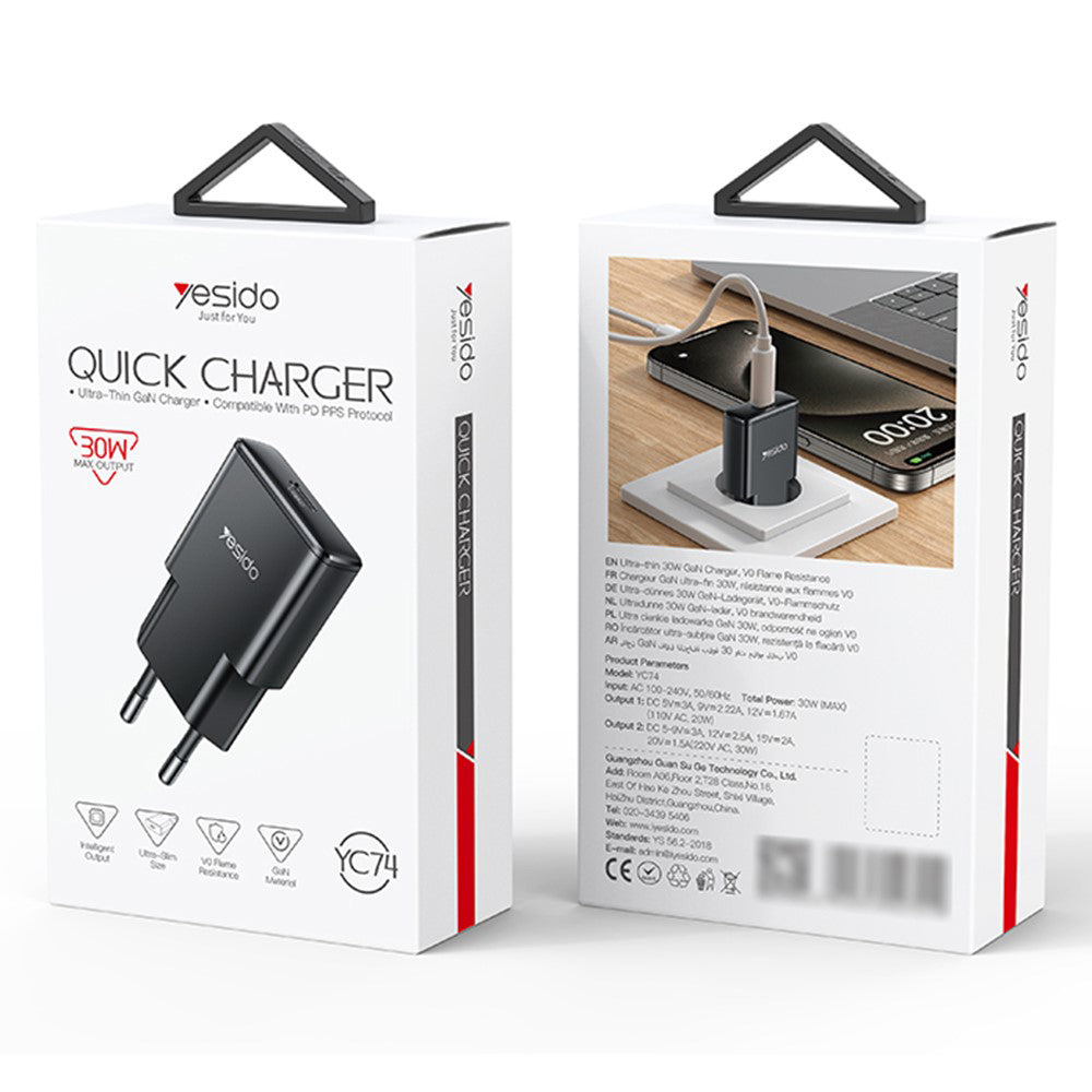 Yesido YC74 -verkkolaturi, 30W, 3A, 1 x USB-C, Musta