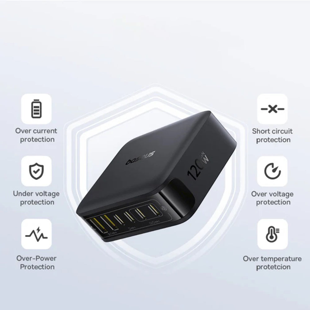 Baseus EnerFill FH21 -latausasema, 120W, 3.25A, 2 x USB-A - 4 x USB-C, Musta E0120T00