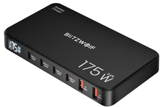 BlitzWolf BW-S30 latausasema, 175W, 5A, 2 x USB-A - 4 x USB-C, Musta