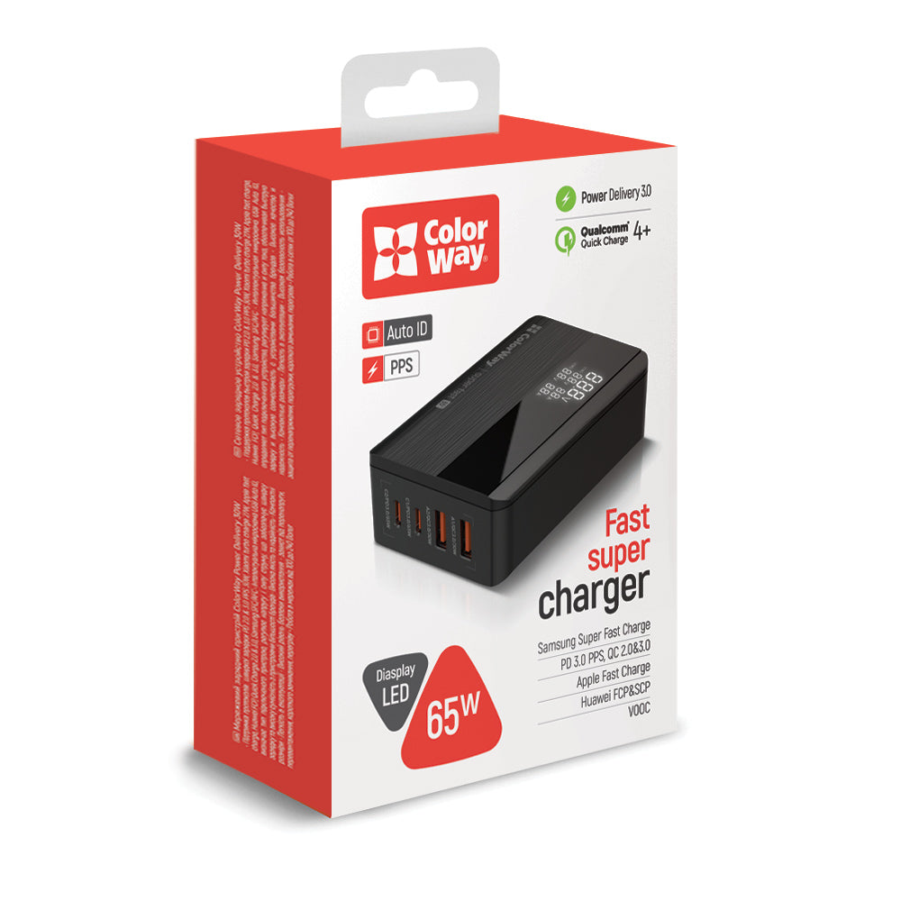 ColorWay Display -latausasema, 65W, 3.25A, 2 x USB-A - 2 x USB-C, Musta