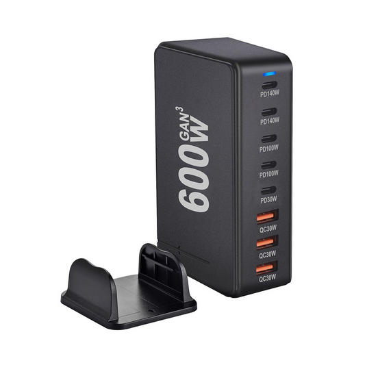 OEM-telakkalaturi, 600W, 4 x USB-A - 4 x USB-C, Musta