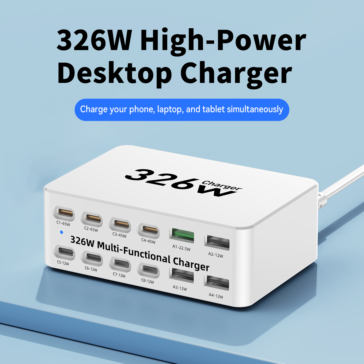 OEM WLX-818E latausasema, 326W, 3,25A, 4 x USB-A - 8 x USB-C, valkoinen