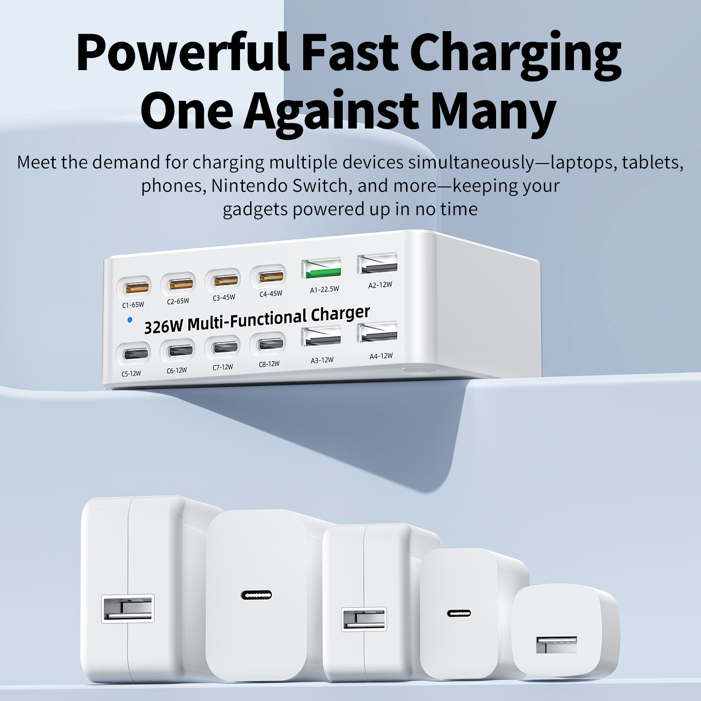 OEM WLX-818E latausasema, 326W, 3,25A, 4 x USB-A - 8 x USB-C, valkoinen