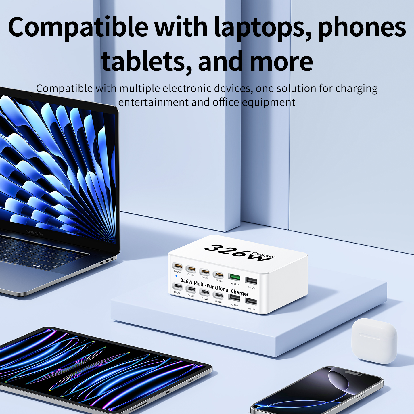 OEM WLX-818E latausasema, 326W, 3,25A, 4 x USB-A - 8 x USB-C, valkoinen