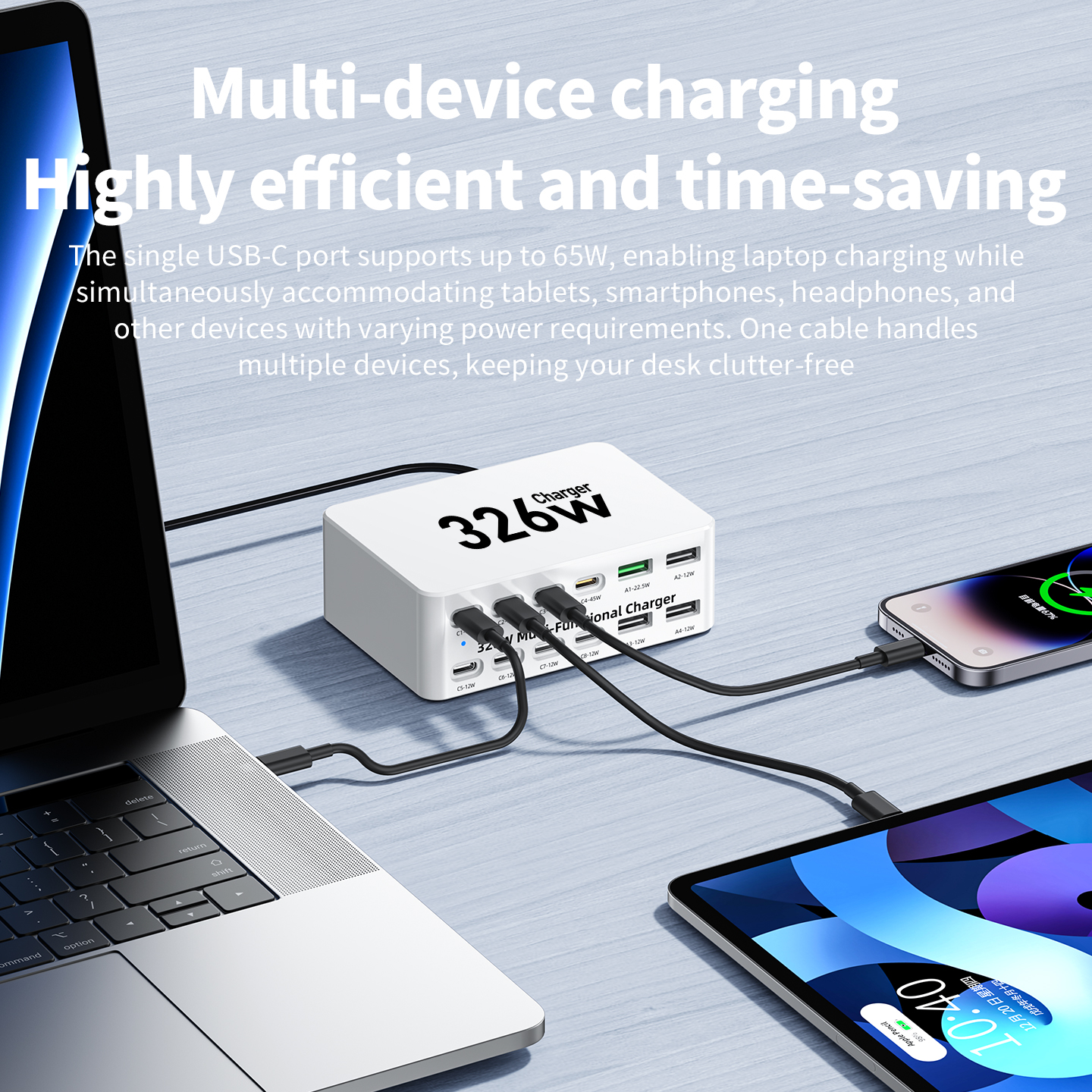 OEM WLX-818E latausasema, 326W, 3,25A, 4 x USB-A - 8 x USB-C, valkoinen