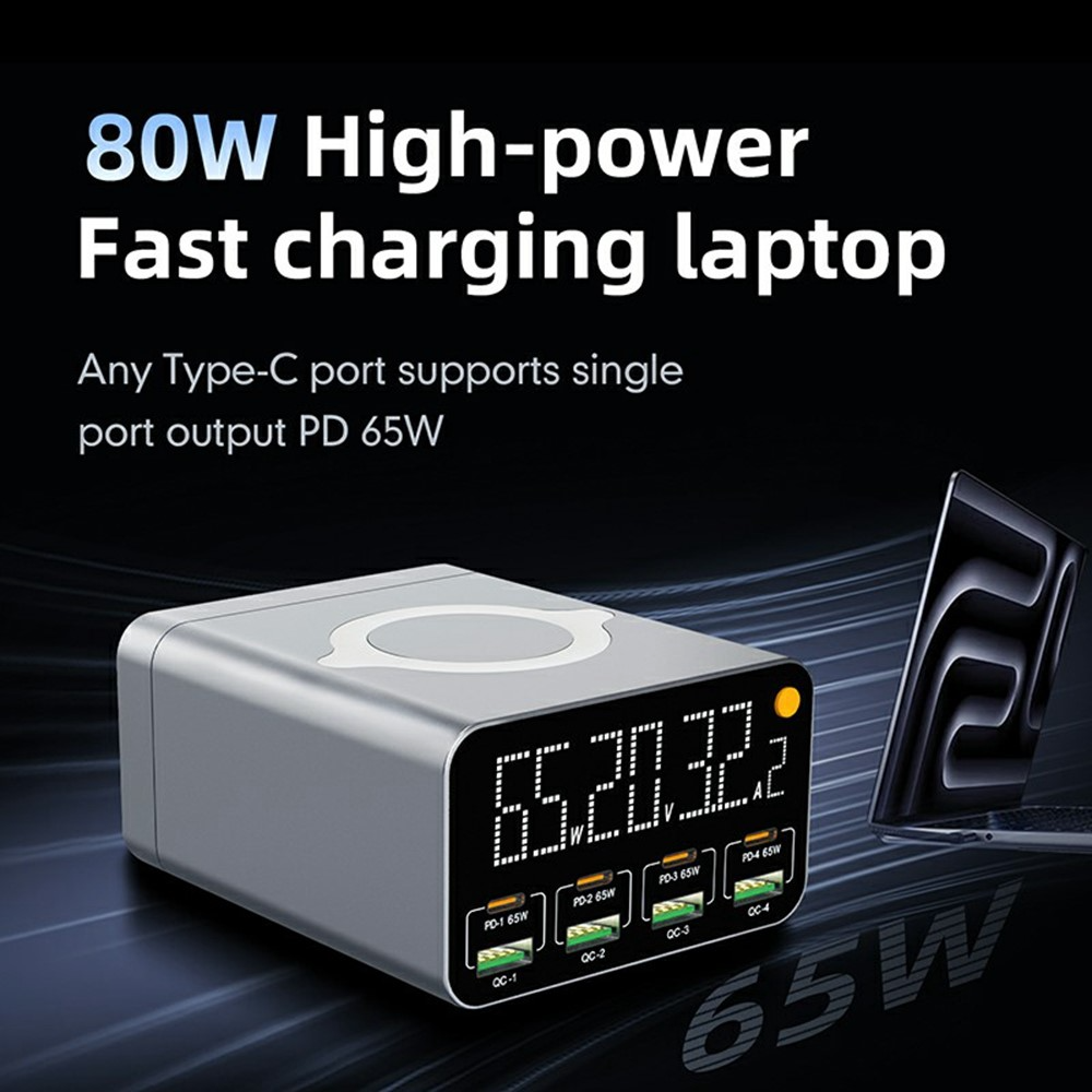 OEM WLX-M3 QI -latausasema, 80W, 4 x USB-A - 4 x USB-C, Harmaa