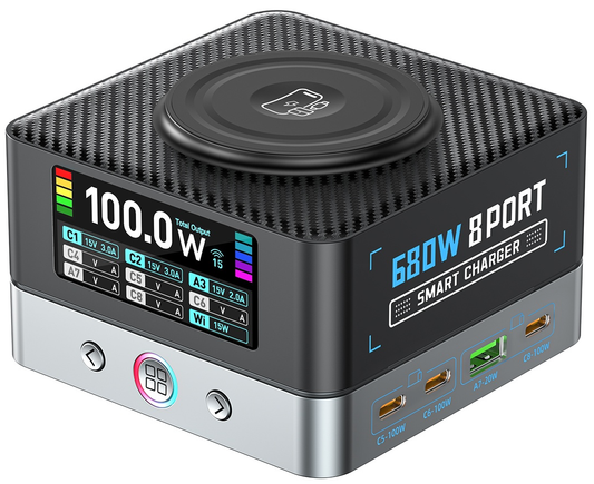 OEM WLX-R8A QI -latausasema, 140W, 5A, 2 x USB-A - 6 x USB-C, Harmaa
