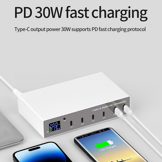 OEM WLX-X6P -latausasema, 140W, 3A, 6 x USB-C, hopea