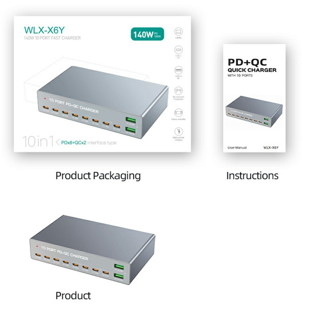 OEM WLX-X6Y -latausasema, 140W, 5A, 2 x USB-A - 8 x USB-C, hopea