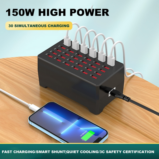 OEM WT-268 latausasema, 150W, 2.4A, 30 x USB-A, Musta