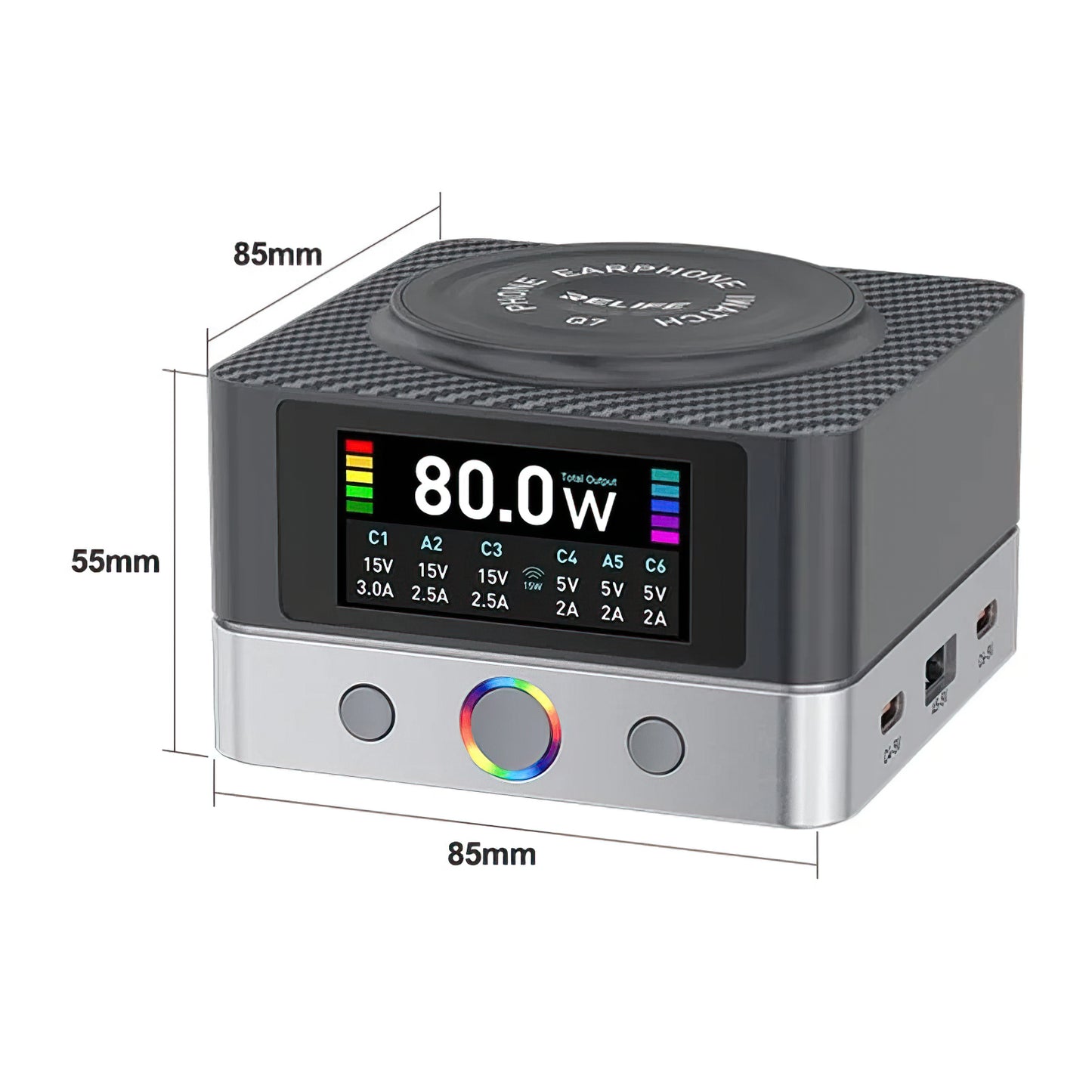 Relife Q7 QI -latausasema, 80W, 3.25A, 2 x USB-A - 4 x USB-C, Harmaa