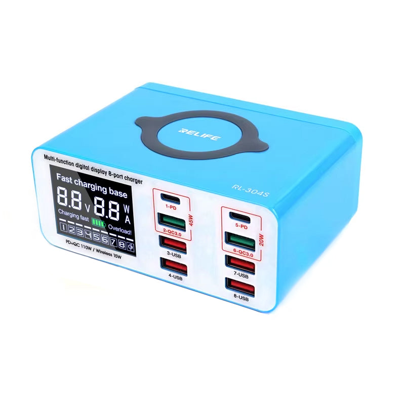 Relife RL-304S QI -latausasema, 110W, 3A, 2 x USB-C - 6 x USB-A, Sininen